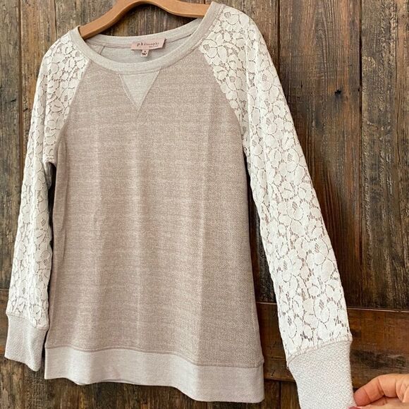 Philosophy S Tan Lace Shoulder Sleeves Casual Weekend Sweatshirt - Picture 3 of 13